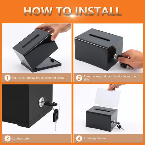 Vista 7 de KYODOLED Caja negra para donaciones para recaudación de fondos, caja de sugerencias con cerradura y llave, caja de rifas para boletos con soporte