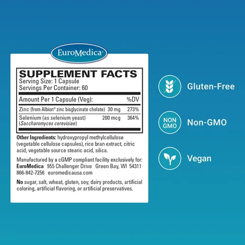 Vista 2 de EuroMedica Zinc Plus Selenio - Suplemento de apoyo a la salud inmune y respiratoria - Suplemento mineral con quelato de bisglicinato de zinc