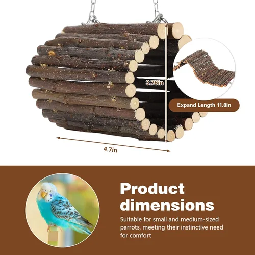 Vista 2 de Túnel de madera de frutas para pájaros, juguetes de columpio de loro, cuevas colgantes de árbol de pájaros, túnel de ramas de madera de manzano
