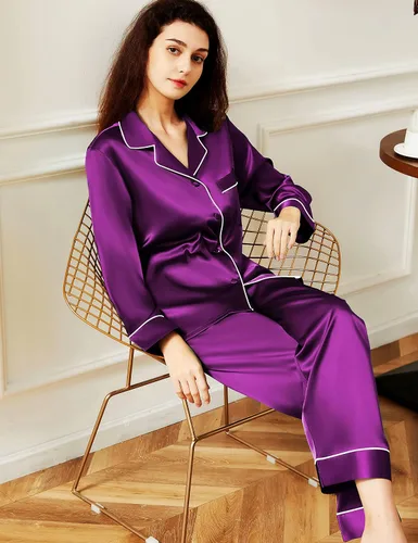 Vista 5 de Conjunto de pijama de satén para mujer, camisa de manga larga con botones y pantalón largo
