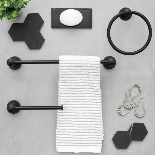 Vista 3 de Ilyapa Juego de accesorios de baño negro, juego de 3 piezas para montaje en la pared, barra para toallas, soporte para papel higiénico, anillo