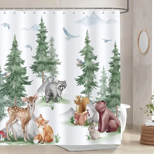 Vista 8 de Bonhause Cortina de ducha de otoño, diseño de zorro de ciervo, mapache, cortina de baño de animales otoñales, 72 x 72 pulgadas, cortina de baño