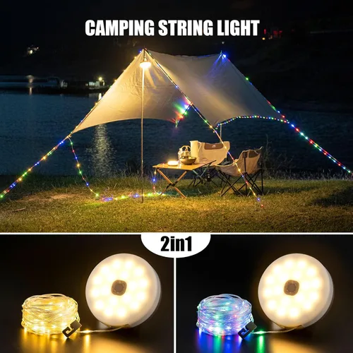 Vista 2 de Cadena de luces solares para campamento, 4 en 1, cadena de luces para acampar al aire libre (39.4 pies) con 8 modos de iluminación, funciona