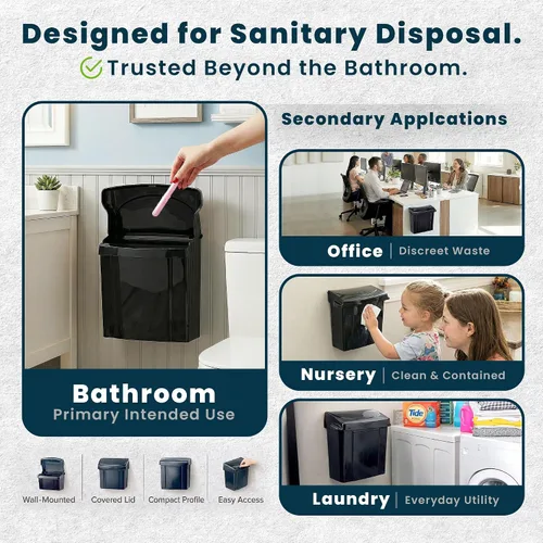 Vista 6 de Alpine - Recipiente para servilleta sanitaria, contenedor de eliminación de higiene femenina, cubo de basura montado en la pared con sello de Negro
