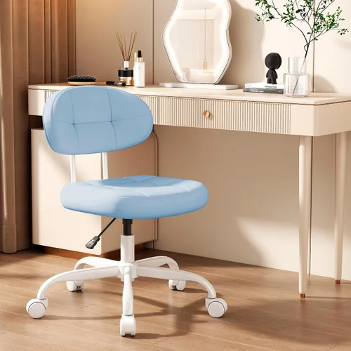 Vista 10 de Misolant Silla de tocador con respaldo, pequeña silla de oficina sin brazos con ruedas y soporte lumbar, cómodas sillas de escritorio de piel Negro