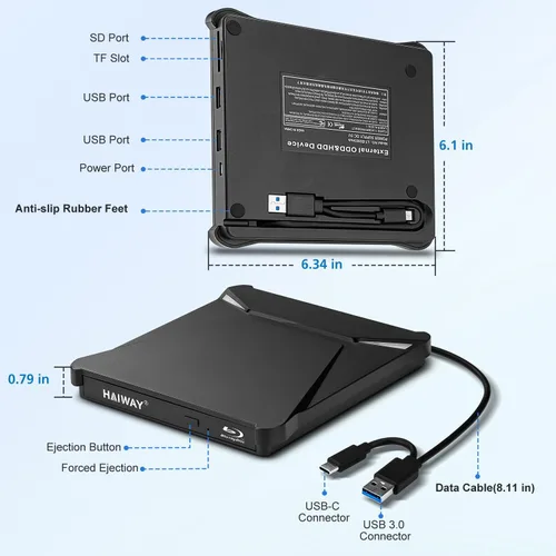 Vista 9 de 5 en 1 unidad externa de Blu-ray Burner con lector de tarjetas SD/TF