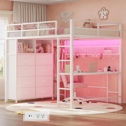 Vista 15 de ADORNEVE Cama tipo loft de tamaño matrimonial con escritorio y 8 cajones de Gris