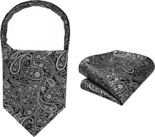 Vista 24 de HISDERN Corbatas Ascot para hombre, set de corbata y pañuelo de bolsillo Paisley con estampado floral clásico, corbata autoajustable para hombre