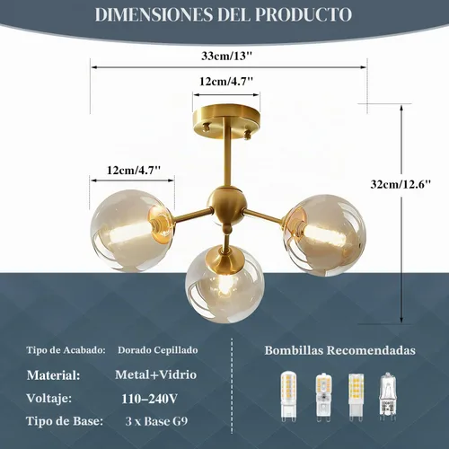 Vista 2 de KCO Iluminación Pequeña Lámpara de Techo de Vidrio Ámbar Burbuja Sputnik de Latón Dorado Montaje Semiempotrado para Cocina Recámara Pasillo