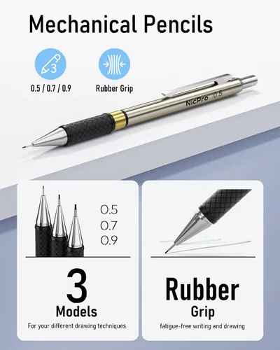 Vista 3 de Nicpro - Juego de lápices mecánicos dorados, 3 lápices metálicos de dibujo de 0.01 pulgadas, 0.02 pulgadas y 0.03 pulgadas, y 3 lápices con minas