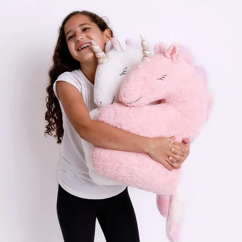 Vista 6 de Perfectto Design Juego de 2 almohadas decorativas de unicornio para la habitación de las niñas y los niños, felpa esponjosa blanca y rosa para bebé