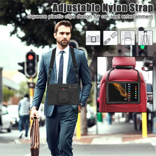 Vista 7 de Funda de rotación 360 para Galaxy S8 Ultra de 14.6 pulgadas, funda resistente con anillo giratorio, correa de transporte para hombro, correa de Negro