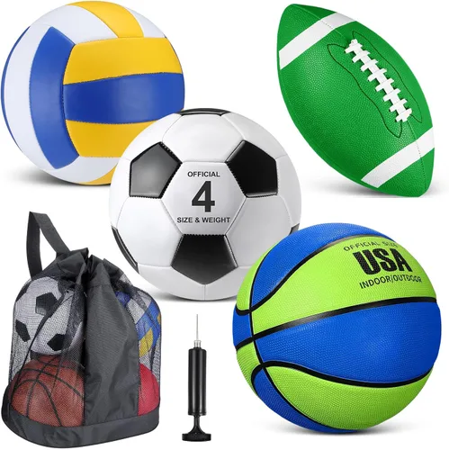 Vista 10 de HyDren Juego de 4 pelotas deportivas de tamaño oficial para baloncesto, balón de fútbol, voleibol, con bolsa de transporte y inflador, regalo