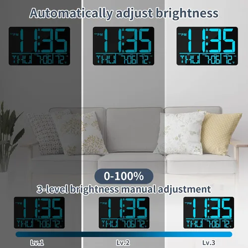 Vista 4 de PERSUPER Reloj de pared digital de 13" con pantalla grande con control remoto, 25 melodías de alarma, temperatura, calendario, brillo automático