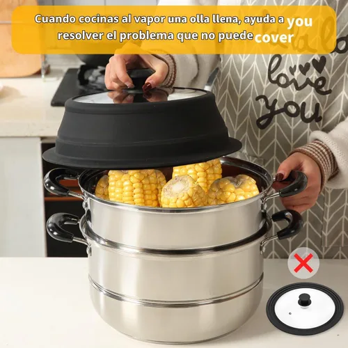 Vista 7 de Tapa plegable para salpicaduras de microondas con cubierta de vidrio templado ventilado, tapa wok apta para microondas, olla de vapor y olla redonda