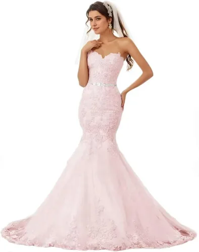 Vista 45 de Vestido de novia formal sin tirantes con encaje, largo de sirena para mujer 2019 WD162