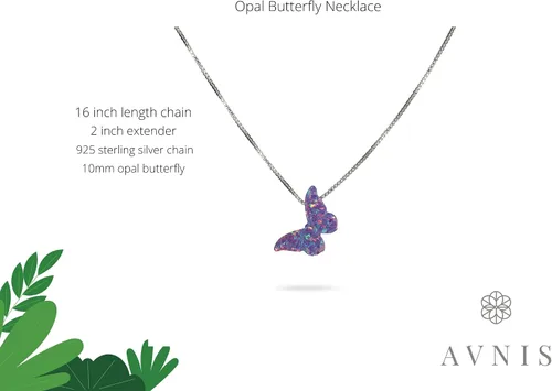 Vista 3 de AVNIS Collar de mariposa de ópalo, regalo para mujeres, niñas, adolescentes, joyería de ópalo sintético delicado de plata esterlina 925, cadena