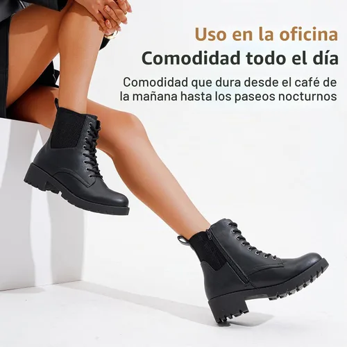 Vista 8 de Vepose Botines de combate con cordones para mujer con cremallera y suela de Negro
