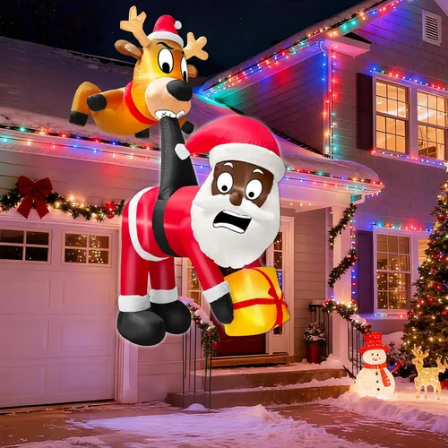 Vista 7 de Reno inflable de Navidad de 6 pies y Papá Noel trepador, divertida decoración colgante al aire libre con luz LED incorporada, decoración de patio