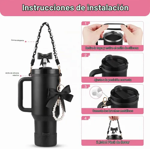 Vista 6 de Set de accesorios negros para vaso Stanley, correa para asa de botella de agua, funda de silicona, cubierta de pajita con lazo, dijes de perla, tapa