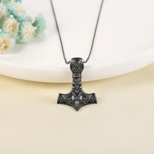 Vista 4 de URONE Thors - Collar de martillo de plata esterlina, colgante de lobo vikingo Mjolnir, joyería nórdica pagana, regalos para mujeres y hombres, Plata