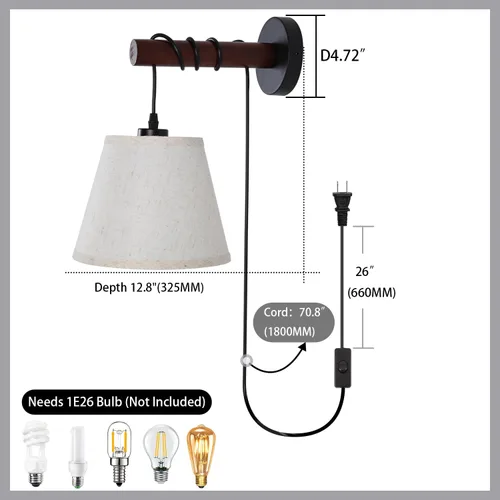Vista 2 de Apliques de pared enchufables, lámpara de pared de cabecera con brazo de madera, luz de pared de tela con interruptor de encendido/apagado