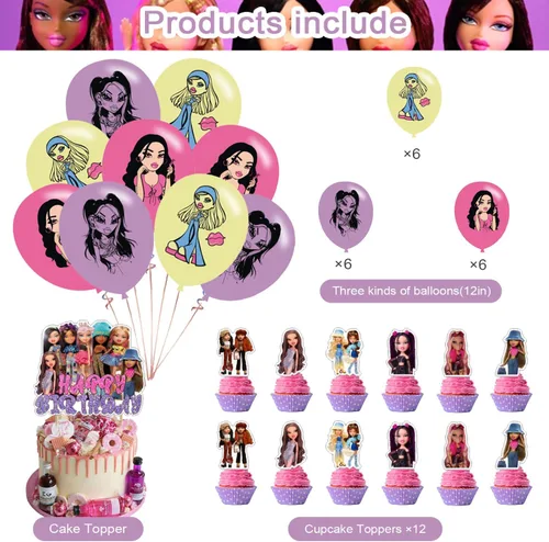 Vista 3 de Decoraciones de fiesta de cumpleaños de niña brat, suministros de fiesta temática de niña mocosa para niños y adultos con pancarta de feliz