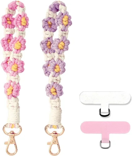 Vista 8 de Correa de muñeca para teléfono estilo boho macramé, cordón para teléfono celular con pestaña de anclaje, llavero con dije para muñeca, cadena