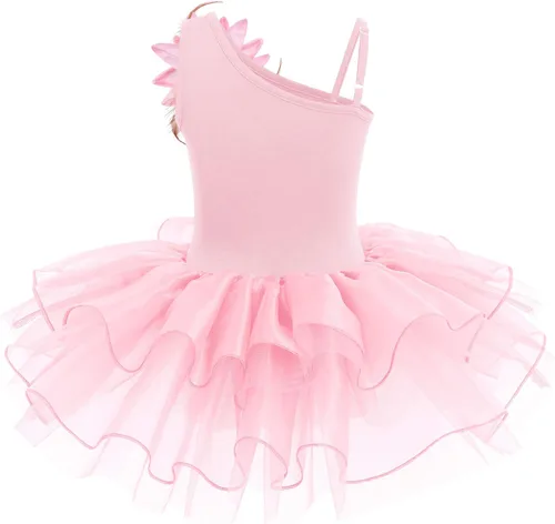Vista 2 de IDOPIP Vestido de ballet con lentejuelas y un hombro para niñas pequeñas, tutú con volantes, falda de bailarina, 3-10 años