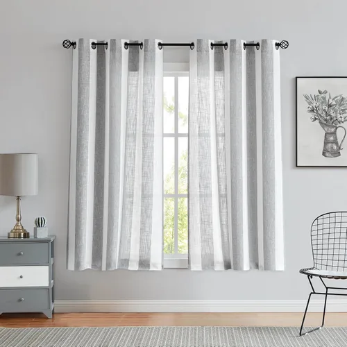 Vista 9 de Central Park Cortinas de Granja con Rayas Beige y Blancas Semi-Transparentes Mezcla de Rayón Textura de Lino Pesado Panel de Cortina para Ventana 6