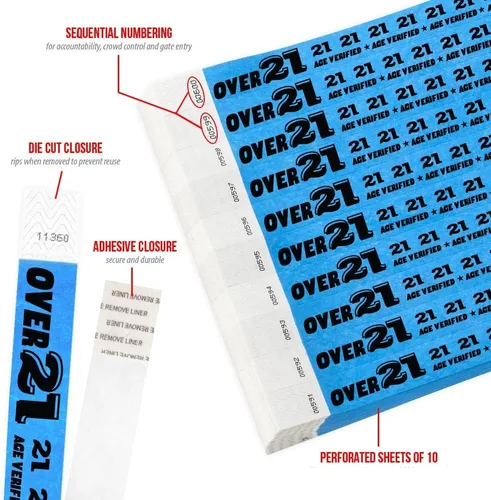 Vista 2 de 500 pulseras Tyvek azul neón WristCo Over 21 para eventos - ¾" x 10" - pulseras de papel impermeables, reciclables, cómodas, resistentes a Azul