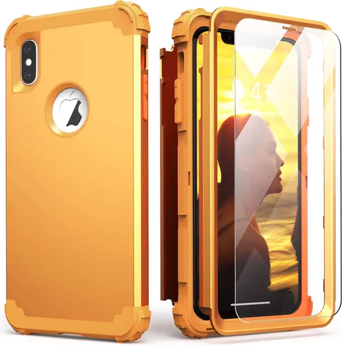 Vista 21 de IDweel Funda para iPhone Xs Max con protector de pantalla de vidrio templado, absorción de golpes 3 en 1, protección resistente, cubierta de Negro