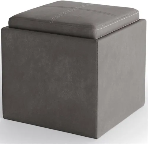 Vista 17 de SIMPLIHOME Rockwood - Otomana de almacenamiento en cubo con bandeja, otomana tapizada de cuero vegano de 17 pulgadas de ancho en marrón envejecido