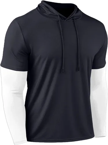 Vista 3 de Sudadera con capucha de secado rápido para hombre, manga larga, falsa de dos piezas, color sólido, camiseta atlética para entrenamiento y fitness