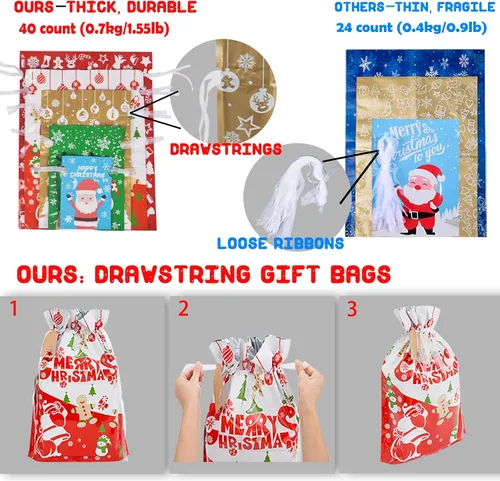Vista 5 de YALTOON 40 bolsas de regalo de Navidad con cordones de varios tamaños, bolsas de Navidad para envolver regalos, regalos de vacaciones 40P Tamaños