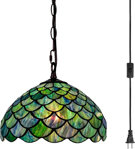 Vista 11 de Lámpara Colgante de Vidrio Emplomado Estilo Tiffany con Enchufe, 12" de Ancho Diseño de Glicinia Lámpara Colgante, Cadena de 60 Pulgadas Cable de 15