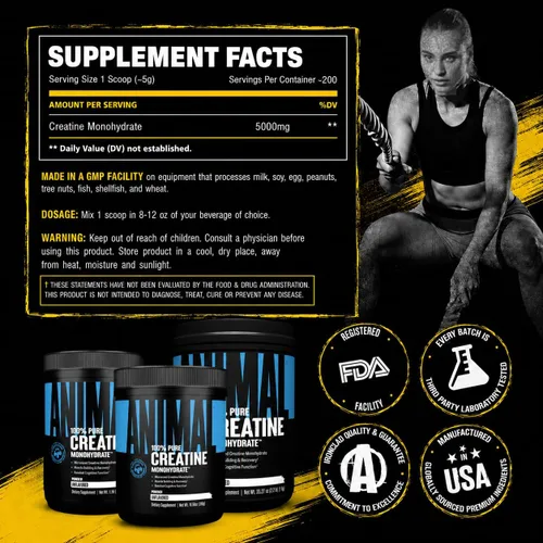 Vista 8 de Animal Monohidrato de creatina en polvo, creatina micronizada para mujeres y hombres, apoya el crecimiento muscular, la fuerza, la resistencia