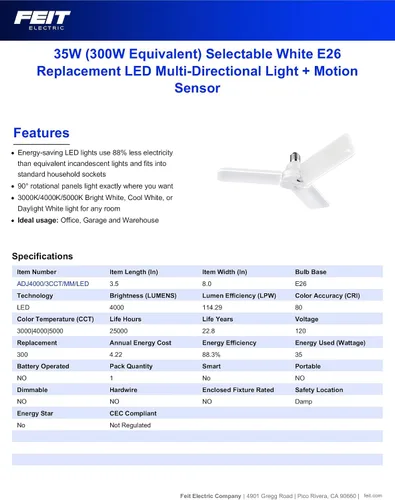 Vista 2 de Feit Electric Panel de luz LED con sensor de movimiento, equivalente a 300 W, panel ajustable de 90°, base estándar E26, CRI 80, 4000 lúmenes