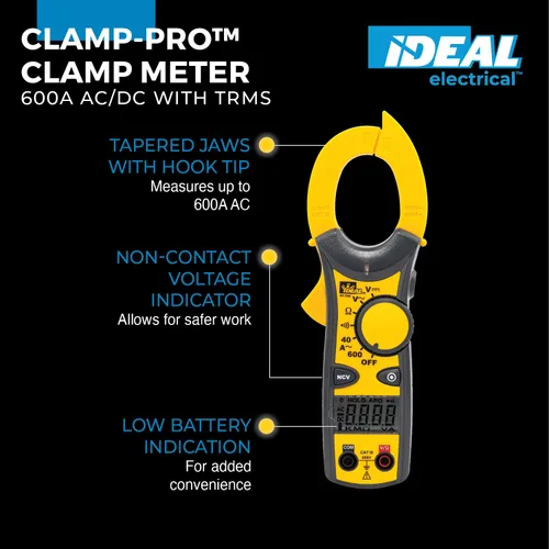 Vista 2 de Pinza amperimétrica IDEAL Electrical 61-744 de 600 Amp AC con NCV, indicador de voltaje, CATIII para 600V, amarilla