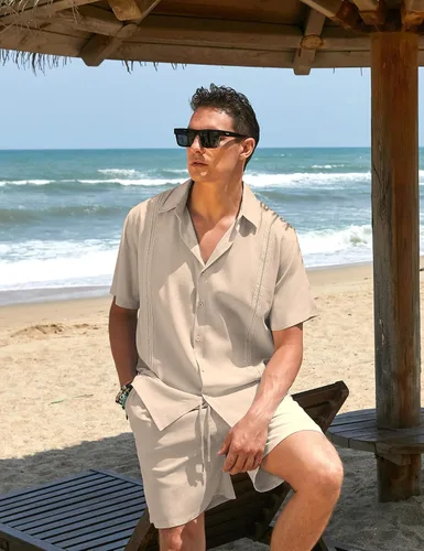 Vista 2 de COOFANDY Conjunto de camisa y pantalón corto de lino para hombre, traje de manga corta con botones de algodón, Albaricoque