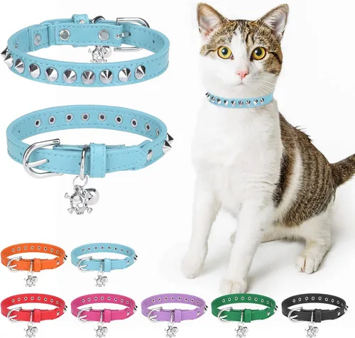 Vista 21 de Collares de cuero DILLYBUD para gatos macho y hembra con campana y cinturón elástico de seguridad, collar ajustable con hebilla de seguridad