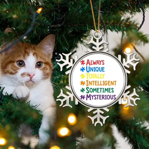 Vista 4 de Adornos únicos a veces para árbol de Navidad, apoyo para autismo, decoración de Navidad, conciencia de autismo, adorno de copo de nieve de metal