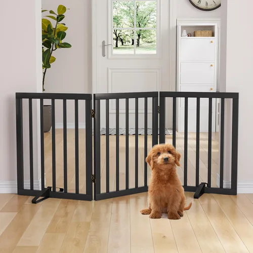 Vista 22 de Semiocthome Puertas de bambú para perros para interiores, puertas independientes de 2 paneles para cachorros para la casa con 2 soportes de metal