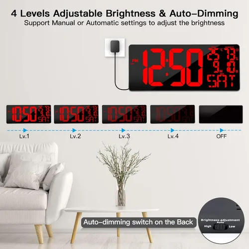 Vista 3 de [De gran tamaño] Reloj de pared digital grande de 18 pulgadas con control remoto, pantalla de reloj digital con atenuación automática
