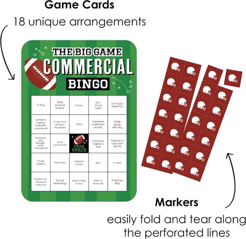 Vista 2 de Big Dot of Happiness The Big Game - Tarjetas de bingo comerciales y marcadores - Juego de bingo en forma de fiesta de fútbol - Juego de 18