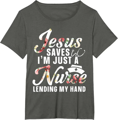 Vista 32 de Jesus Saves I'm Just A Nurse Lending My Hand RN Christian T-Shirt Asphalt Grey