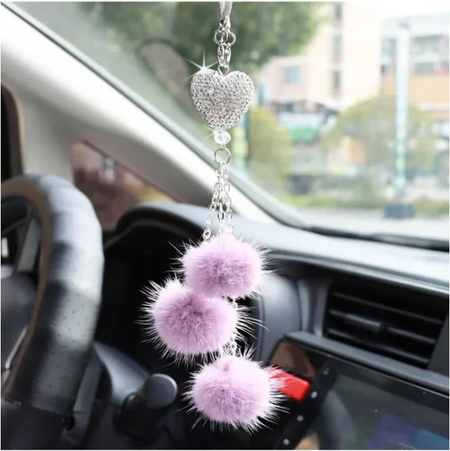 Vista 7 de Ziciner Accesorios de Interior de Coche con Diamantes Brillantes en Forma de Corazón - Adorno Colgante de Corazón y Bola de Felpa Rosa, Encanto