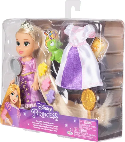 Vista 9 de Disney Princess Rapunzel Doll Muñeca Rapunzel de pelo largo Petite con Pascal, en moda de vestir púrpura y blanco