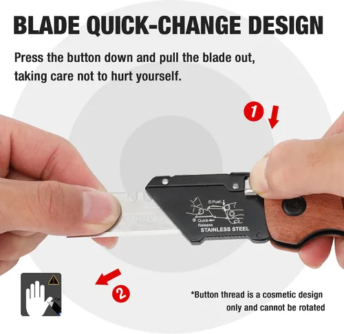 Vista 4 de WORKPRO Cuchillo utilitario plegable con cabeza de acero inoxidable, hoja de cambio rápido y bloqueo trasero, mango de madera resistente, 1 cuchillo