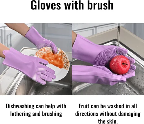 Vista 5 de Silicone Dishwashing Gloves, Kitchen Gloves for Washing Dishes Reusable Waterproof Dishwashing with Cleaning Brush